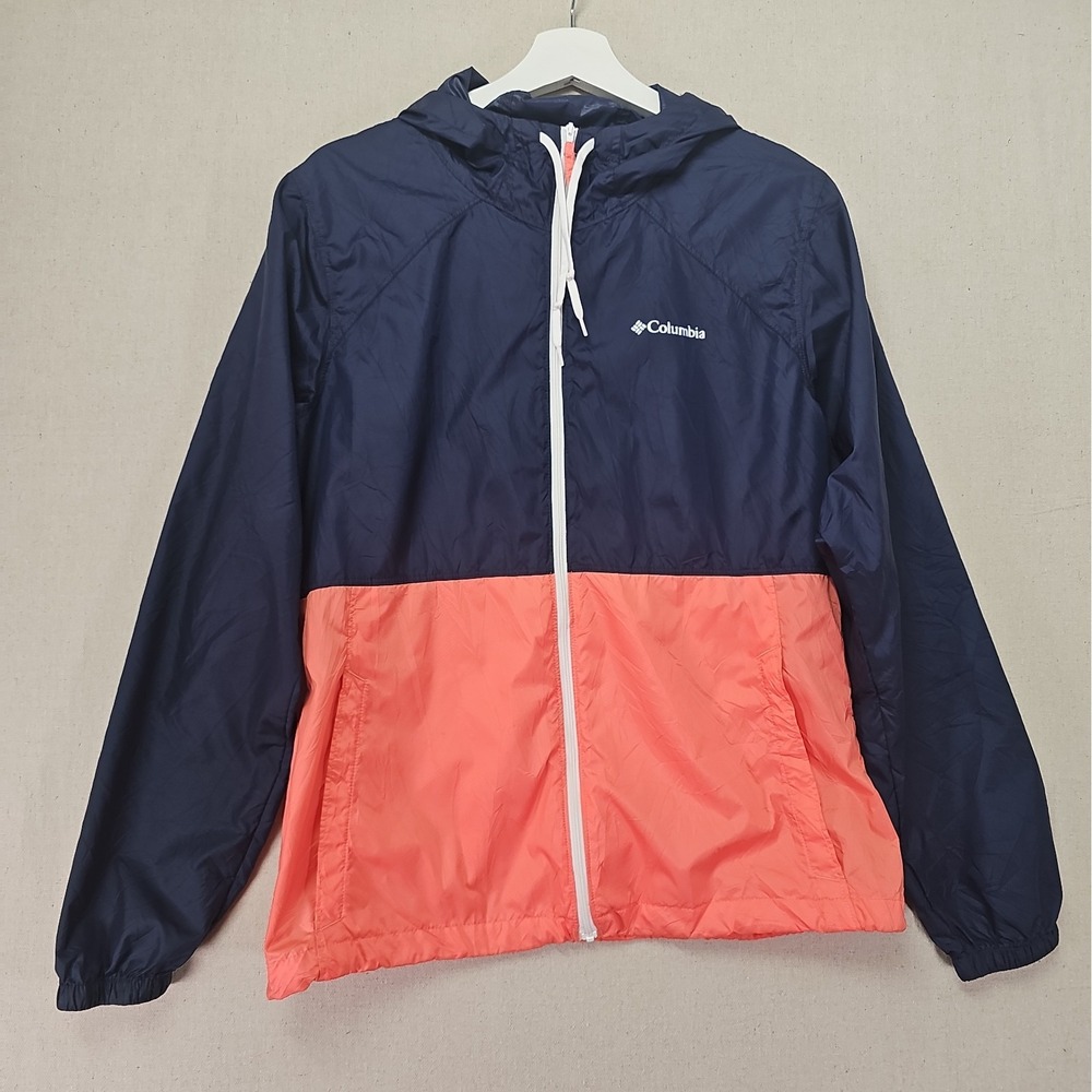 Columbia Center Ridge Hooded Windbreaker Womens Medium Blue Coral Colorblock